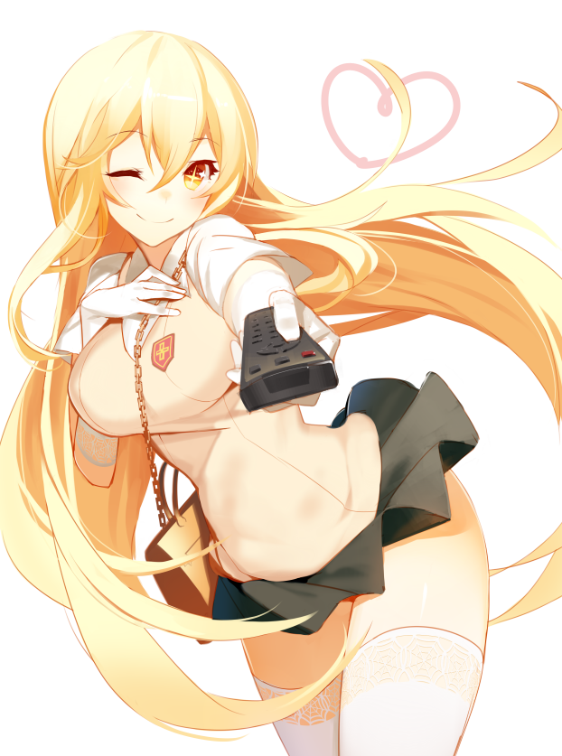 1girl ;) bag blonde_hair blush breasts chain closed_mouth controller elbow_gloves foreshortening gloves hand_on_breast handbag heart izumi_sai large_breasts long_hair looking_at_viewer narrow_waist one_eye_closed pleated_skirt pointing pointing_at_viewer remote_control school_uniform shirt shokuhou_misaki short_sleeves shoulder_bag simple_background skirt smile solo spider_web_print sweater_vest symbol-shaped_pupils thighhighs to_aru_kagaku_no_railgun to_aru_majutsu_no_index very_long_hair white_background white_gloves white_legwear yellow_eyes