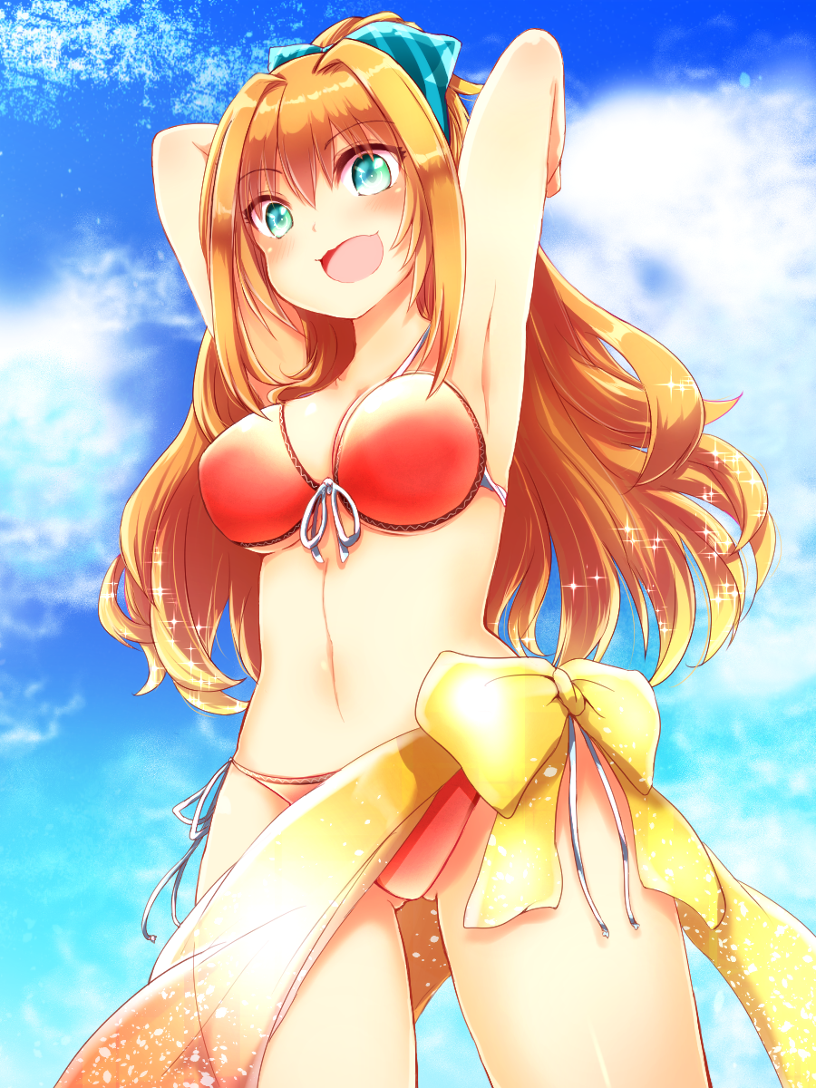 armpits ass_visible_through_thighs bad_id bad_pixiv_id bikini blue_eyes blush bow breasts cloud day front-tie_top green_eyes highres hino_akane_(idolmaster) idolmaster idolmaster_cinderella_girls large_breasts long_hair multicolored multicolored_eyes naomi_(sekai_no_hate_no_kissaten) navel open_mouth orange_hair shiny shiny_skin side-tie_bikini sky solo sparkle swimsuit thighs underboob very_long_hair