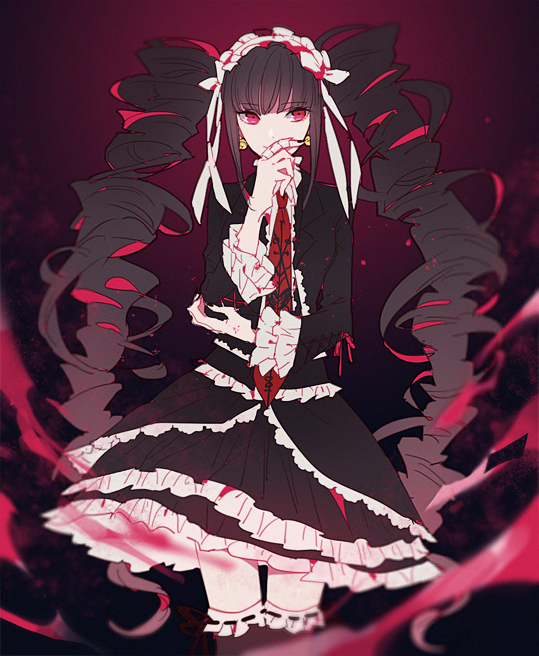 black_hair black_legwear celestia_ludenberck danganronpa danganronpa_1 dress drill_hair earrings finger_to_mouth frills gothic_lolita io_(sinking=carousel) jewelry lolita_fashion necktie red_eyes smile thighhighs twin_drills twintails