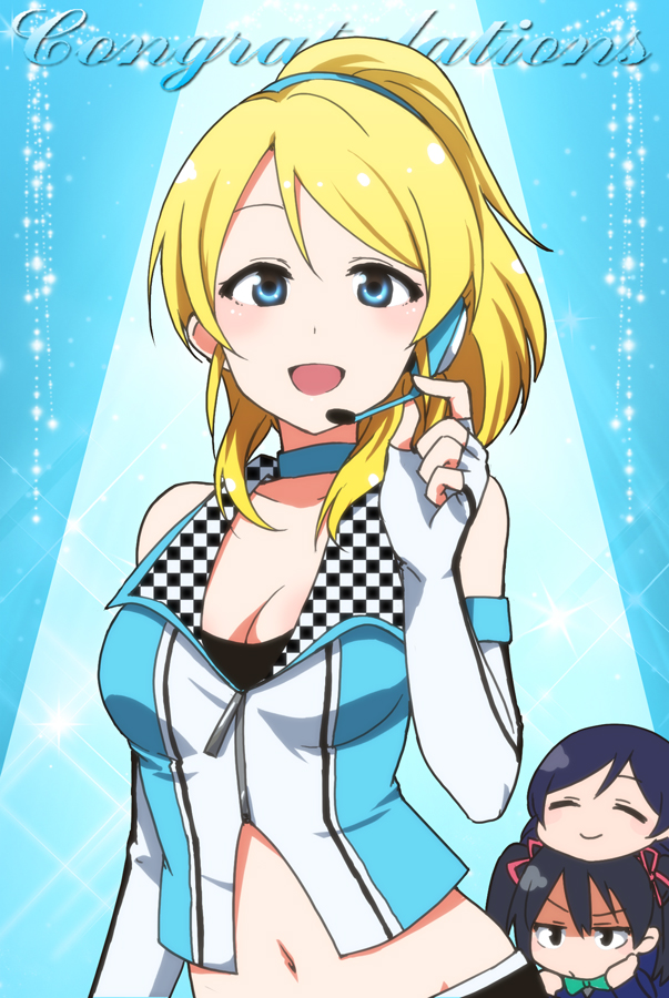 ayase_eli blonde_hair blue_eyes blush breasts checkered chibi choker cleavage congratulations elbow_gloves gloves hair_ribbon headphones headset kidachi looking_at_viewer love_live! love_live!_school_idol_project medium_breasts microphone multiple_girls navel open_mouth ribbon toujou_nozomi yazawa_nico