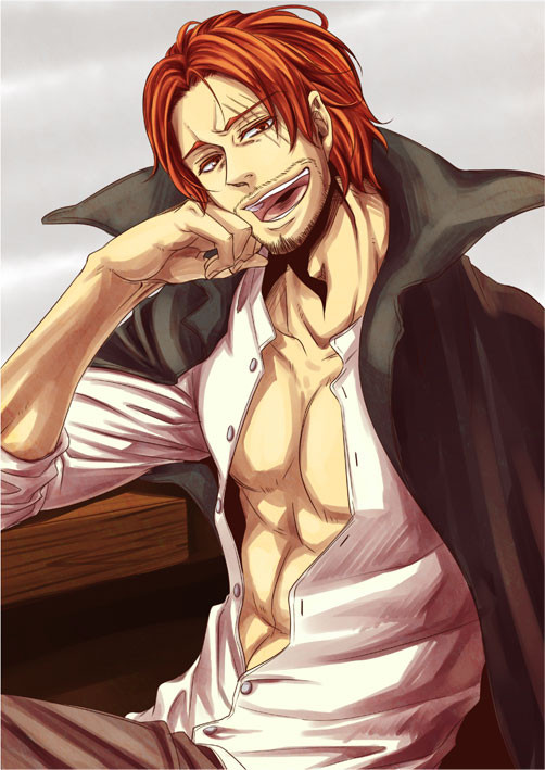 1boy abs chin_rest jacket_on_shoulders jurimo male male_focus one_piece open_clothes open_collar open_shirt red_hair scar shanks shirt sitting solo white_shirt