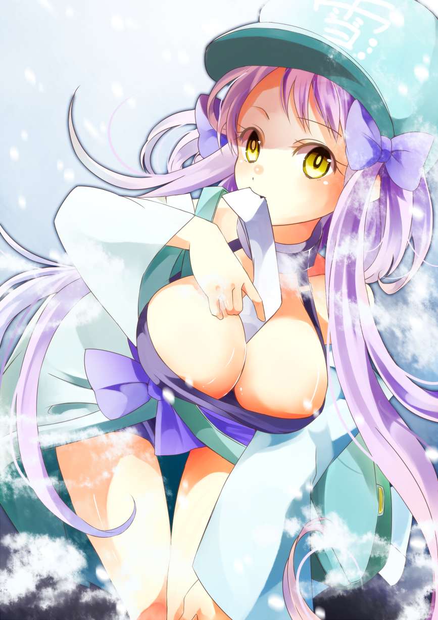 bad_id bad_pixiv_id breasts cleavage envelope hair_ribbon hat highres large_breasts leaning_forward mashiro_aa mouth_hold original purple_hair ribbon solo yellow_eyes