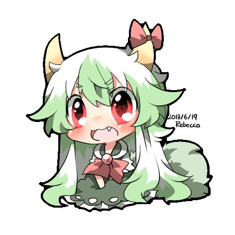 artist_name bad_id bad_twitter_id blush dated ex-keine fang green_hair horns kamishirasawa_keine long_hair lowres open_mouth rebecca_(keinelove) red_eyes ribbon smile solo tail touhou