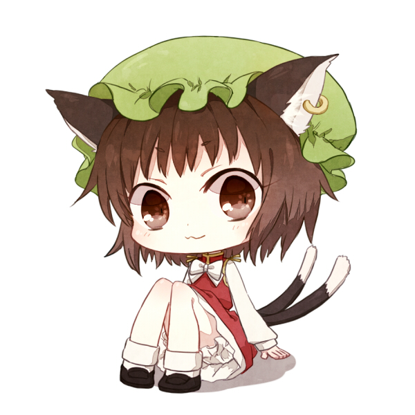 :3 animal_ears brown_eyes brown_hair cat_ears cat_tail chen chibi dress earrings hat honotai jewelry looking_at_viewer shadow short_hair simple_background sitting smile solo tail touhou white_background