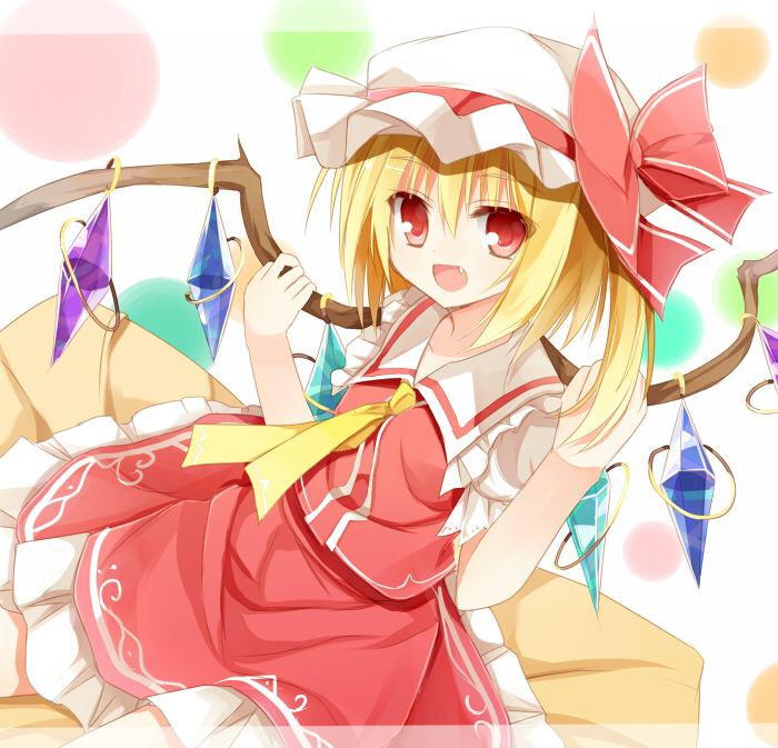 ascot blonde_hair bow fang flandre_scarlet hat hat_bow looking_at_viewer mob_cap open_mouth pink_eyes puffy_sleeves shirt short_sleeves side_ponytail sitting skirt skirt_set smile solo touhou vest wing_grab wings yuuhagi_(amaretto-no-natsu)