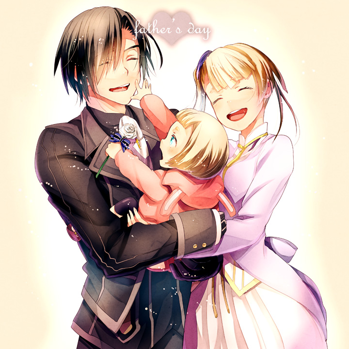 2girls black_hair blonde_hair carrying child child_carry elle_mel_martha family father_and_daughter flower houhou_(black_lack) lal_mel_martha mother_and_daughter multiple_girls rose spoilers tales_of_(series) tales_of_xillia tales_of_xillia_2 victor_(tales) white_flower white_rose