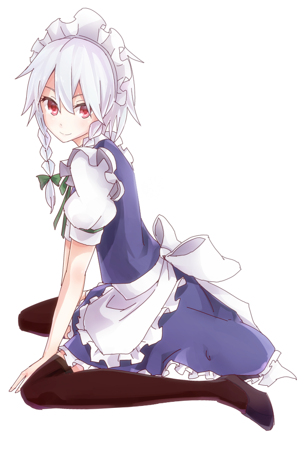 black_legwear braid izayoi_sakuya maid maid_headdress shiroshi_(denpa_eshidan) short_hair silver_hair sitting skirt smile solo thighhighs touhou twin_braids wariza