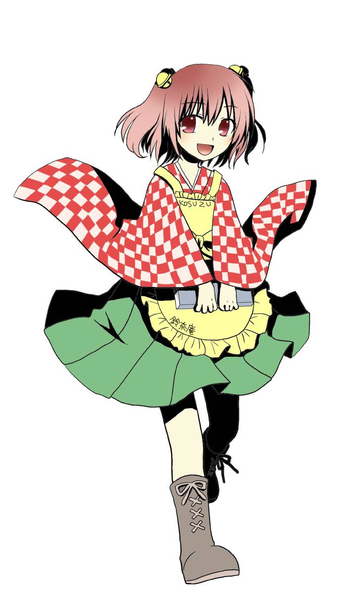 apron bell book boots character_name checkered clothes_writing cross-laced_footwear hair_bell hair_ornament highres japanese_clothes korin_(ra-sky07) lace-up_boots motoori_kosuzu open_mouth red_eyes red_hair smile touhou walking wide_sleeves