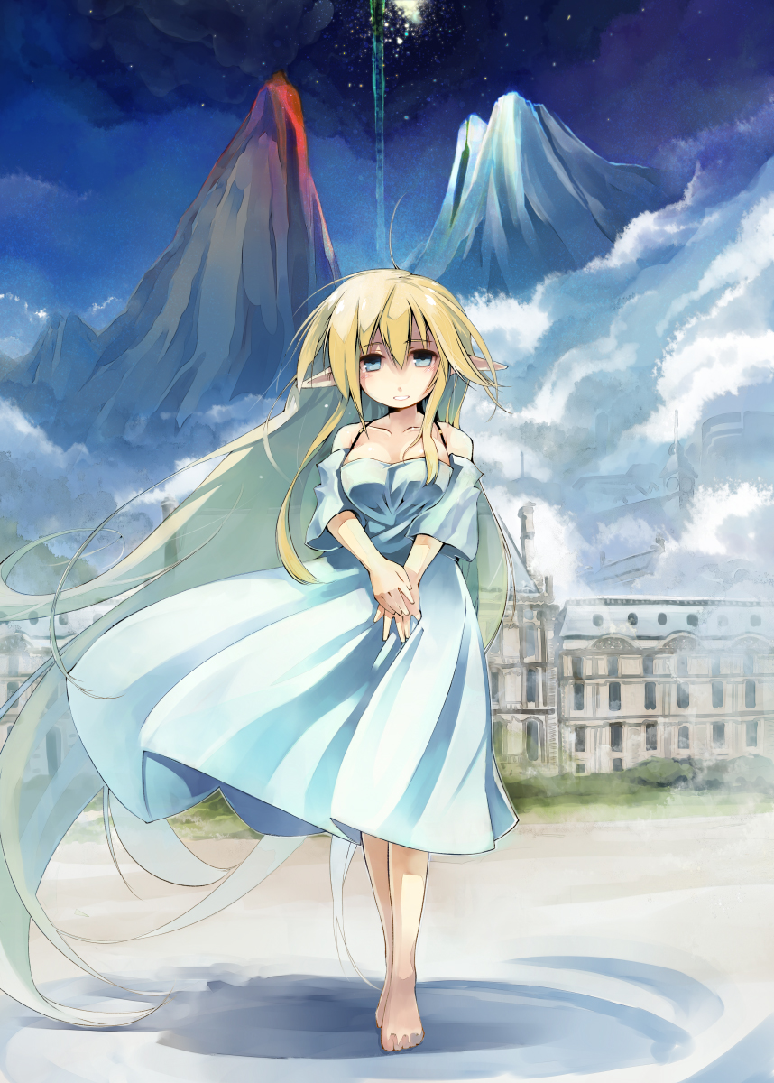 absurdly_long_hair ahoge barefoot blonde_hair blue_dress breasts castle cleavage collarbone dress elf full_body highres long_hair medium_breasts mountain nanaroku_(fortress76) off_shoulder pixiv_mahou_gakuen pointy_ears short_sleeves smile solo v_arms very_long_hair