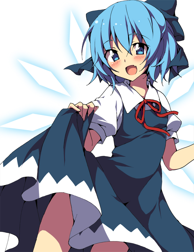 bad_id bad_pixiv_id blue_dress blue_eyes blue_hair blush bow cirno dress dress_lift fang hair_bow ice ice_wings oniku_(shimofuri-ke) open_mouth puffy_sleeves shirt short_hair short_sleeves simple_background smile solo touhou white_background wings
