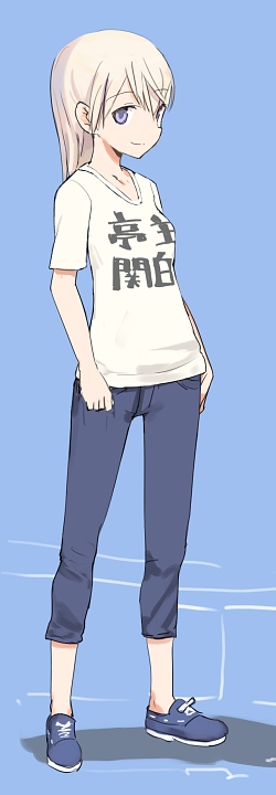 blonde_hair blue_eyes contemporary eila_ilmatar_juutilainen long_hair pants shimada_fumikane shirt smile solo strike_witches t-shirt translated world_witches_series