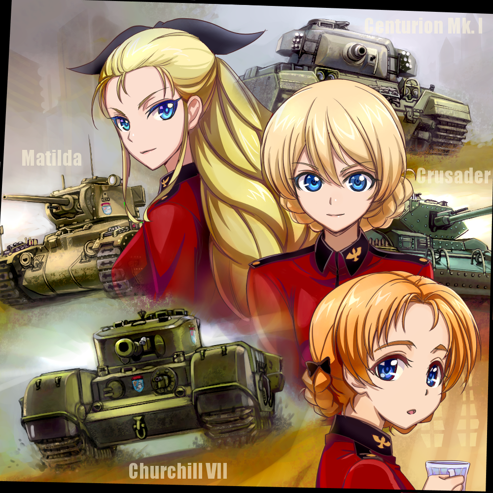 assam blonde_hair blue_eyes caterpillar_tracks centurion_(tank) churchill_(tank) crusader_(tank) cup darjeeling emblem error girls_und_panzer ground_vehicle hair_ribbon hair_slicked_back long_hair matilda_(tank) military military_uniform military_vehicle motor_vehicle multiple_girls orange_pekoe ribbon school_uniform shinmai_(kyata) short_hair st._gloriana's_(emblem) st._gloriana's_military_uniform tank uniform