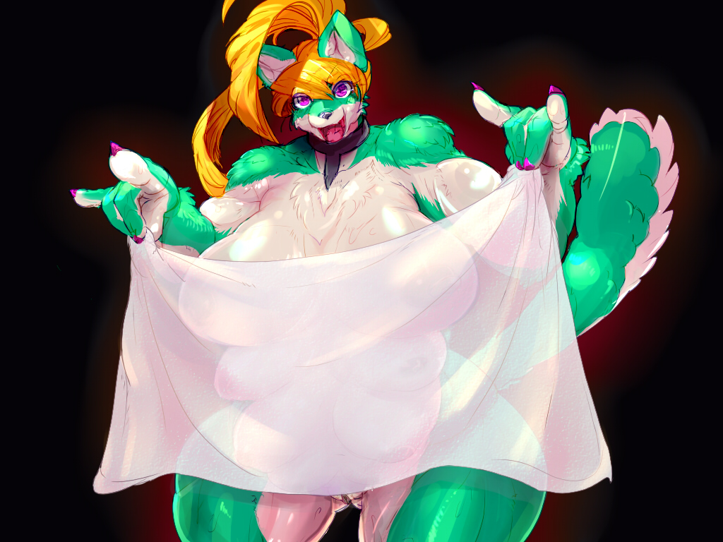 abstract_background anthro areola big_breasts black_nose blonde_hair breasts canine claws female fox fur green_fur hair hebiko huge_breasts long_hair looking_at_viewer mammal multi_breast nipples purple_eyes pussy sasamix smile solo standing thighs tongue towel white_fur