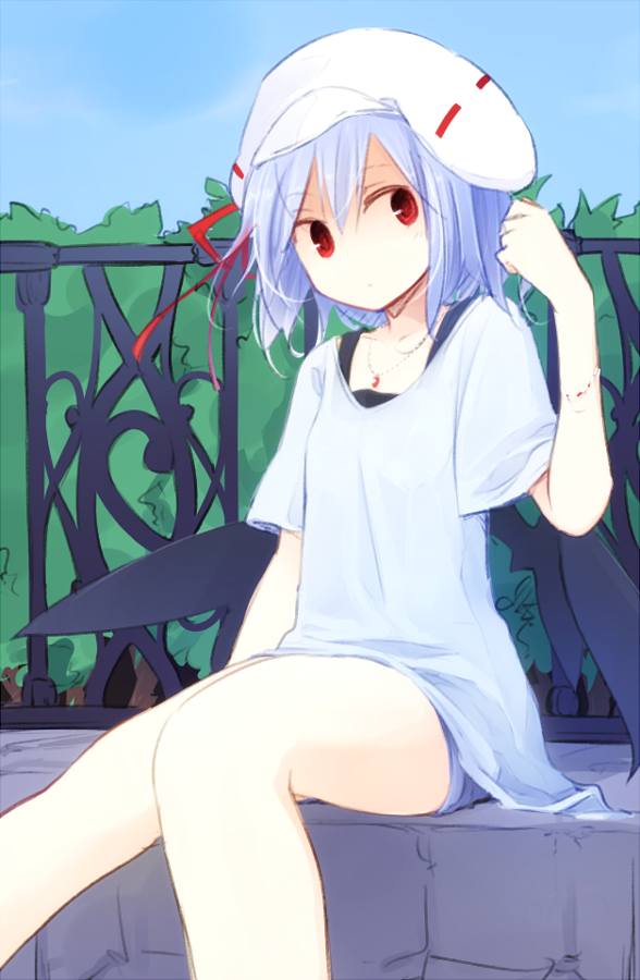 alternate_costume blue_hair blue_sky bracelet day hand_in_hair hat jewelry kazeharu necklace pendant red_eyes remilia_scarlet shirt shorts silver_hair sky solo touhou