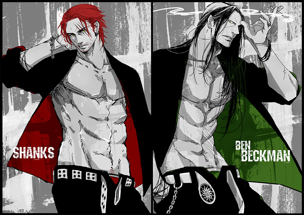 2boys abs ben_beckman character_name duo long_hair male male_focus multiple_boys one_piece open_clothes open_shirt red_hair sassaman scar shanks shirt smoking spot_color