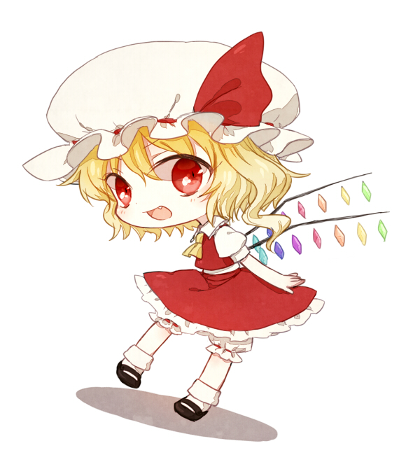 ascot blonde_hair blush chibi fang flandre_scarlet hat honotai looking_at_viewer open_mouth red_eyes short_hair side_ponytail smile solo touhou white_background wings