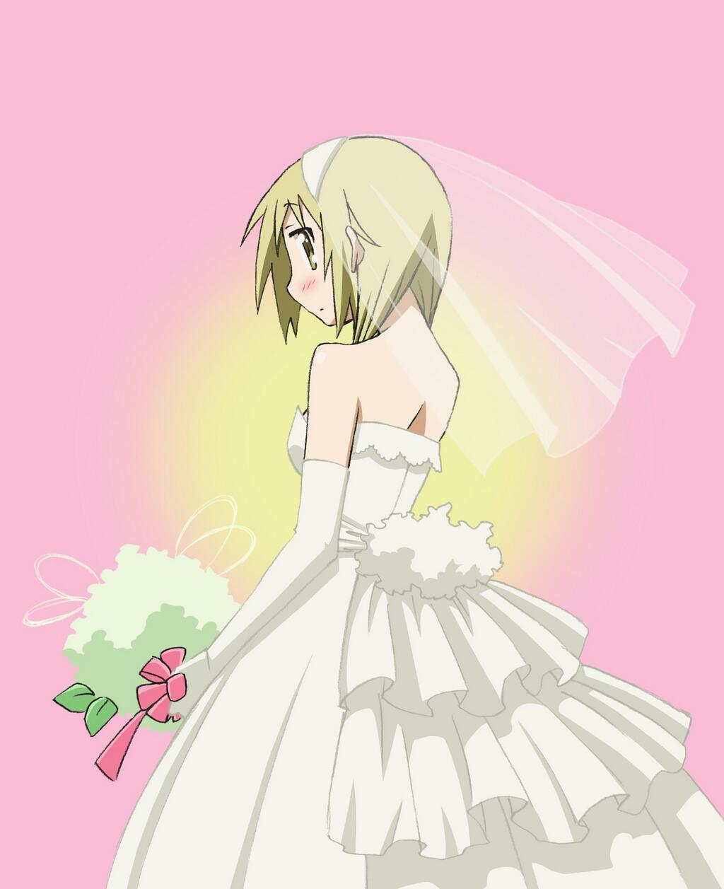 1girl bare_shoulders blonde_hair blush bouquet bridal_veil dress flower highres ichii_yui long_hair solo twintails veil wedding_dress yellow_eyes yuyushiki