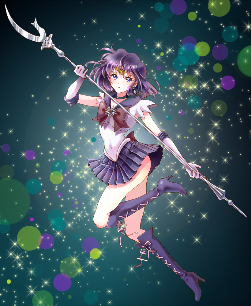 back_bow bishoujo_senshi_sailor_moon black_hair blue_background blue_eyes boots bow brown_bow choker covered_navel cross-laced_footwear earrings elbow_gloves full_body gloves holding holding_spear holding_weapon jewelry knee_boots lace-up_boots magical_girl pleated_skirt polearm purple_footwear purple_sailor_collar purple_skirt sailor_collar sailor_saturn sailor_senshi_uniform short_hair silence_glaive skirt solo sora_(pikasora) sparkle spear star star_choker tiara tomoe_hotaru weapon white_gloves