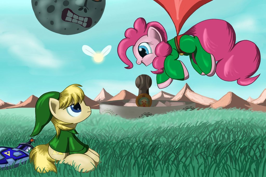blonde_hair blue_eyes building city clothed clothing crossover cutie_mark duo equine female feral friendship_is_magic frown fur grass grenaddas hair hat horse link long_hair male mammal moon mountain my_little_pony nintendo open_mouth outside pink_fur pink_hair pinkie_pie_(mlp) pony shield shirt sitting sky smile sword teeth the_legend_of_zelda video_games wall weapon wings yellow_fur