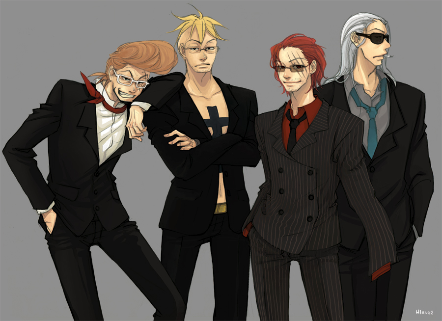 4boys alternate_costume ben_beckman bespectacled blonde_hair brown_hair collared_shirt crossed_arms formal glasses grey_hair hiang2 male male_focus marco multiple_boys necktie one_piece red_hair red_shirt scar shanks shirt suit sunglasses tattoo thatch