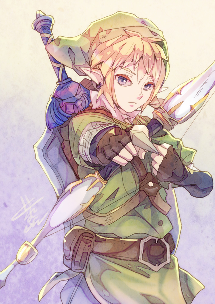 aiming aiming_at_viewer belt blonde_hair blue_eyes bow_(weapon) earrings fromchawen hat holding holding_bow_(weapon) holding_weapon jewelry left-handed link looking_at_viewer male_focus pointy_ears shield solo sword the_legend_of_zelda the_legend_of_zelda:_skyward_sword upper_body weapon
