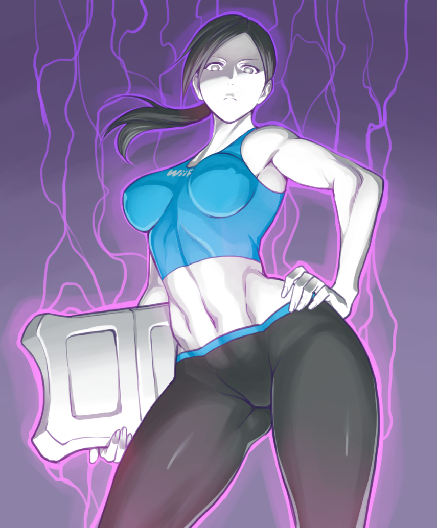 athletic aura bare_shoulders black_hair breasts clothes_writing contrapposto from_below groin hand_on_hip impossible_clothes looking_at_viewer medium_breasts midriff miyaji nintendo ponytail shaded_face skin_tight solo spandex standing tank_top toned white_skin wii_balance_board wii_fit wii_fit_trainer