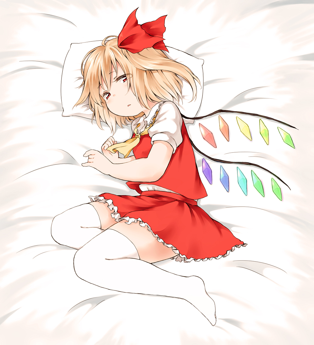 ascot blonde_hair flandre_scarlet hair_ribbon looking_at_viewer lying nanana_(chicken_union) no_hat no_headwear no_shoes on_side pillow puffy_sleeves red_eyes ribbon shirt short_sleeves side_ponytail skirt skirt_set solo thighhighs touhou vest white_legwear wings zettai_ryouiki