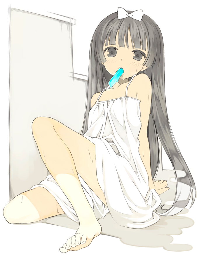 arm_support bare_shoulders barefoot black_eyes black_hair bow dress feet food hair_bow kurasuke leaning_back long_hair looking_at_viewer mouth_hold original popsicle sitting solo sweat very_long_hair white_dress