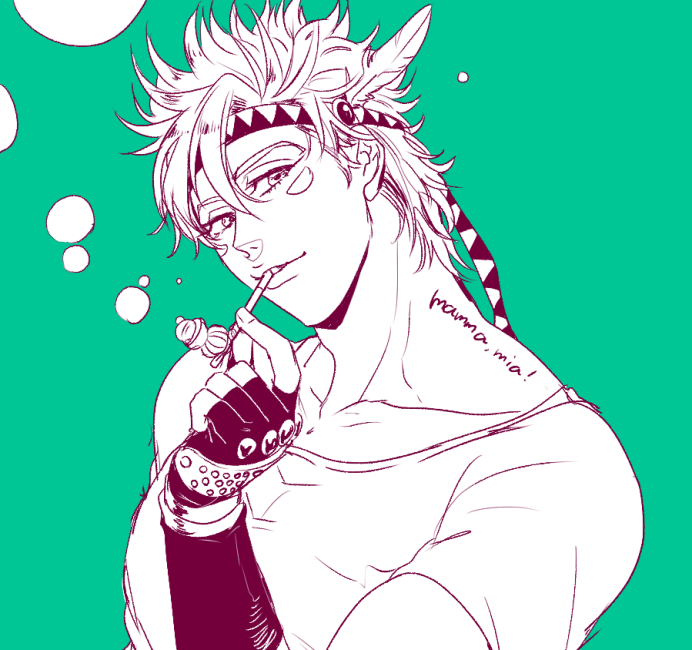 bubble bubble_blowing caesar_anthonio_zeppeli facial_mark feathers fingerless_gloves gamako gloves green_background hair_feathers headband jojo_no_kimyou_na_bouken male_focus monochrome pipe simple_background solo