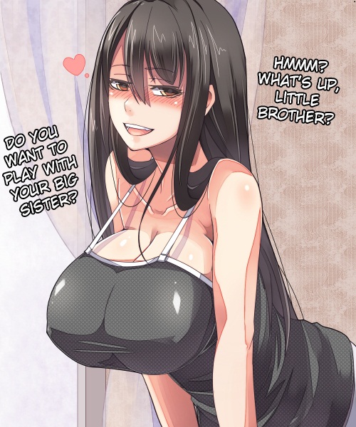 artist_request black_hair blush brown_eyes heart huge_breasts leaning_forward long_hair naughty_face translated