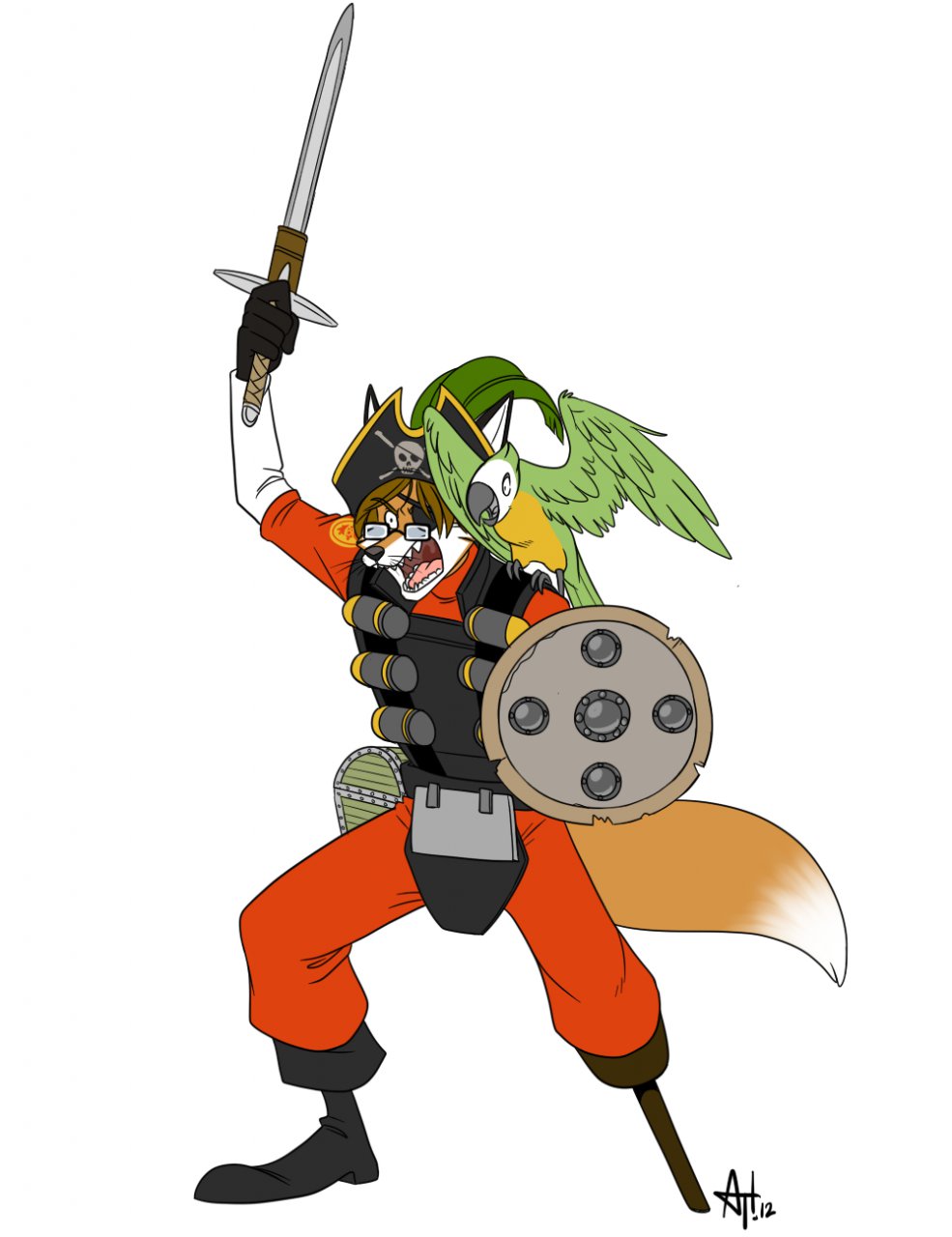 anthro avian bird brown_hair canine demoman_(team_fortress_2) eye_patch eyewear fox foxydude glasses hair hat male mammal parrot solo sword team_fortress_2 weapon