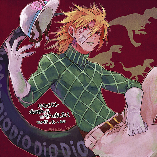 bad_id bad_pixiv_id bandages blonde_hair diego_brando gloves green_lipstick green_shirt hat hat_removed headwear_removed jojo_no_kimyou_na_bouken lipstick lowres makeup male_focus red_eyes scary_monsters_(stand) sewenan shirt solo stand_(jojo) steel_ball_run sweater tail turtleneck