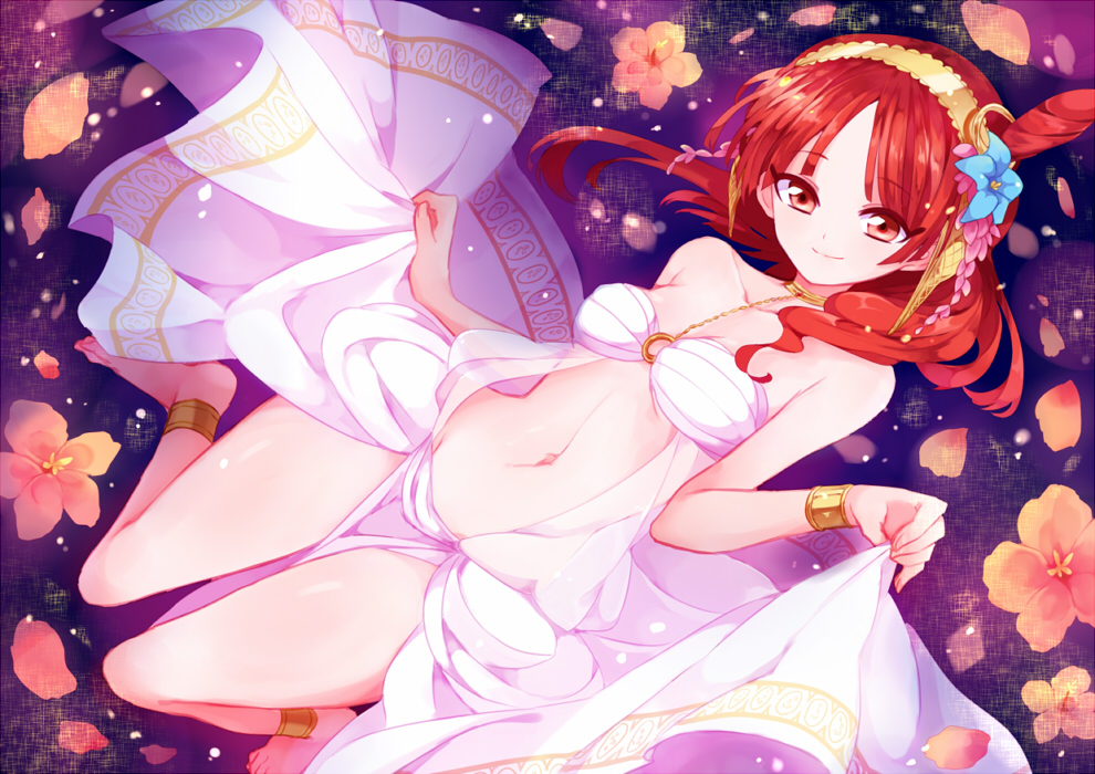 anklet bare_shoulders barefoot breasts choker flower hair_flower hair_ornament hairband jewelry kodamari long_hair looking_at_viewer magi_the_labyrinth_of_magic medium_breasts morgiana navel red_eyes red_hair smile solo