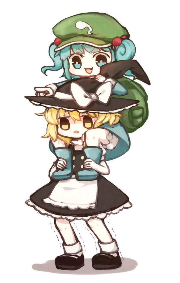 :d :o backpack bag blonde_hair blue_eyes blue_hair carrying chibi hair_bobbles hair_ornament hat honotai kawashiro_nitori kirisame_marisa multiple_girls open_mouth short_hair shoulder_carry smile touhou two_side_up v-shaped_eyebrows white_background witch_hat yellow_eyes