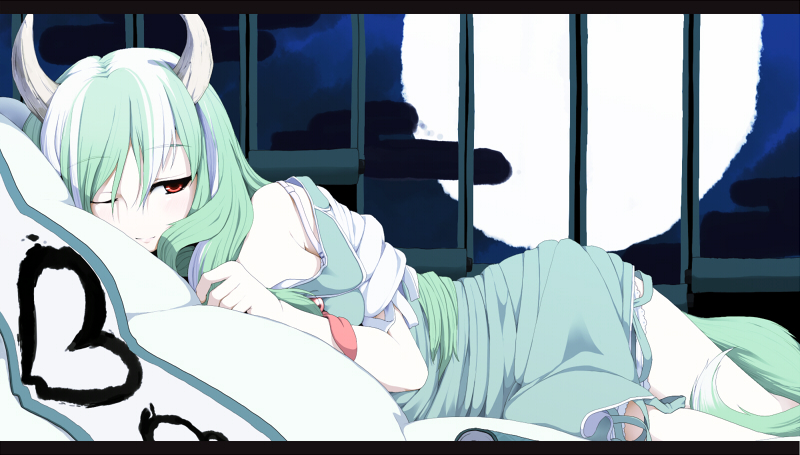 1girl blush bra bra_strap breasts ex-keine full_moon green_hair horns kamishirasawa_keine long_hair lying medium_breasts moon multicolored_hair on_side one_eye_closed pillow red_eyes smile solo strap_slip tail touhou two-tone_hair underwear white_background white_hair