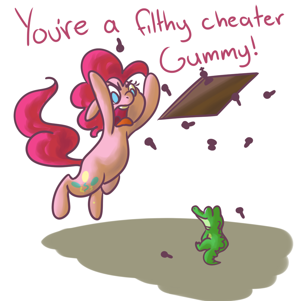 alligator angry blue_eyes cutie_mark duo english_text equine eyes female feral friendship_is_magic fur green_body gummy_(mlp) hair horse mammal my_little_pony pink_fur pink_hair pinkie_pie_(mlp) plain_background pony ponygoggles reptile scalie smile table text