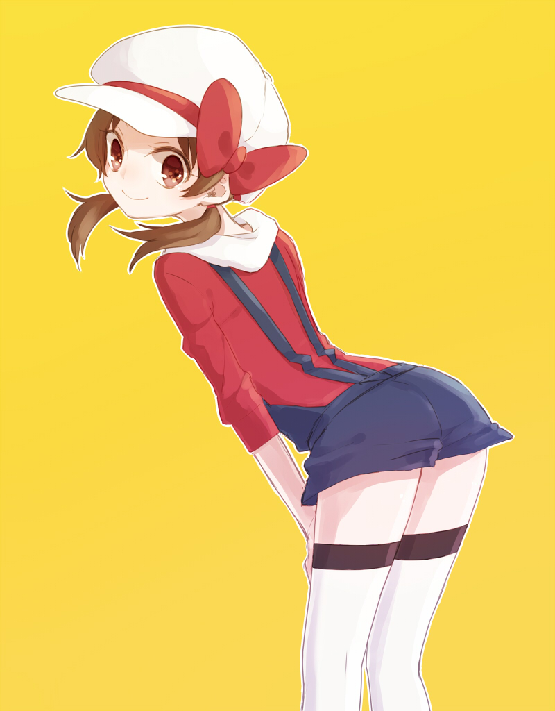 bad_id bad_pixiv_id baseball_cap brown_eyes brown_hair hat hat_ribbon honotai kotone_(pokemon) overalls pokemon pokemon_(game) pokemon_hgss ribbon simple_background smile solo thighhighs twintails