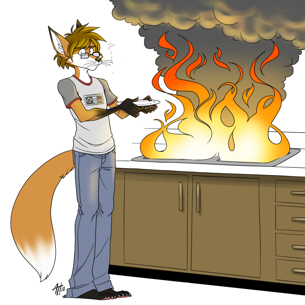 anthro barefoot black_nose brown_hair brown_nose canine eyewear fire fox foxydude glasses hair male mammal solo