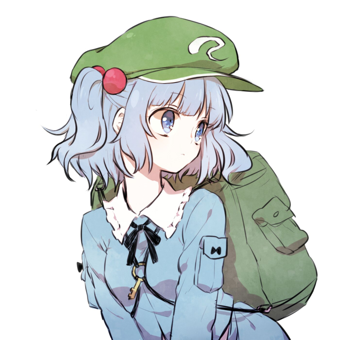 :&lt; backpack bag blue_eyes blue_hair hair_bobbles hair_ornament hat honotai kawashiro_nitori key leaning_forward short_hair simple_background solo touhou two_side_up upper_body v_arms white_background wide-eyed