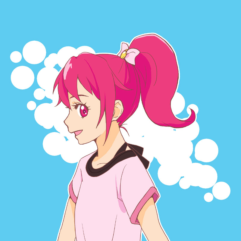 :d aida_mana alternate_hairstyle blue_background dokidoki!_precure hair_up open_mouth pink_eyes pink_hair ponytail precure profile smile solo suzu_(campanilla17) upper_body