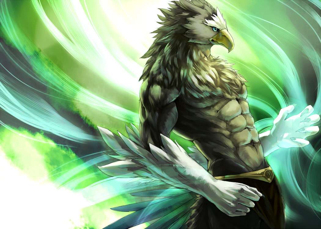 abs abstract_background anthro aotsuki091 avian beak biceps big_muscles bird blue_eyes brown_body chest_tuft claws clothing eagle feathers fur gloves_(marking) light loincloth magic male markings muscles pecs pose sky_(artist) solo standing talons toned topless tuft