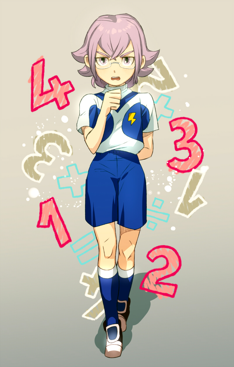 earth_eleven glasses highres inazuma_eleven_(series) inazuma_eleven_go inazuma_eleven_go_galaxy lightning_bolt looking_at_viewer male_focus manabe_jin'ichirou number ogino_atsuki open_mouth soccer_uniform solo sportswear