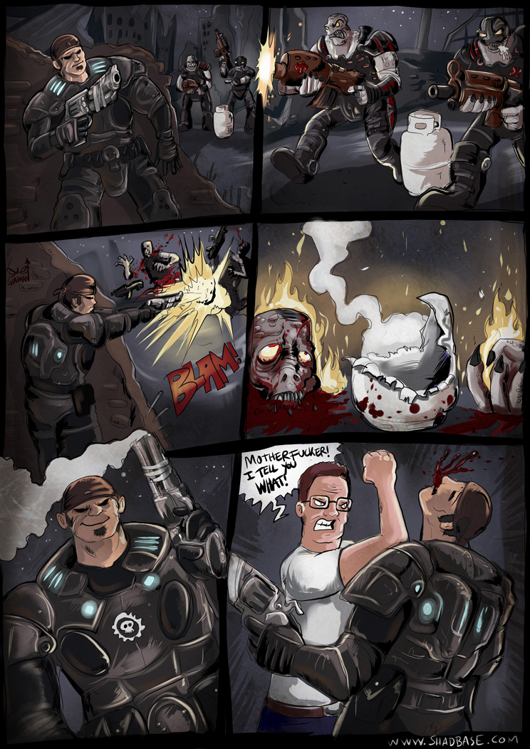 alien armor blood clothing comic crossover death dialog english_text gears_of_war glass gore gun hank_hill human king_of_the_hill male mammal marcus_fenix night propane_tank ranged_weapon shadman smile text therealshadman video_games weapon