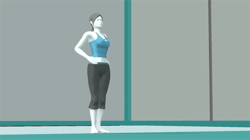 1girl abs animated animated_gif black_hair breasts cleavage english grey_eyes hand_on_hip hips long_hair lowres midriff muscle navel pale_skin ponytail shaded_face solo standing super_smash_bros. tank_top trainer_(wii_fit) wii_fit wii_fit_trainer