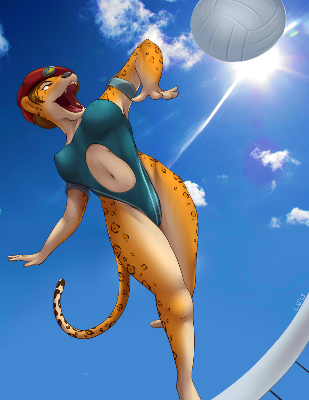 amber_eyes ball black_nose breasts brown_hair cammy_white cosplay feline female hair hat jaguar littlenapoleon mammal open_mouth solo street_fighter swimsuit video_games