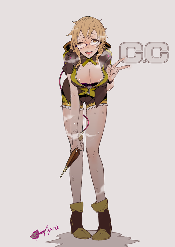 bad_id bad_pixiv_id bent_over blonde_hair breasts brown_eyes brown_hair c.c._(unlight) cleavage fishine glasses large_breasts one_eye_closed short_hair sweat unlight v yellow_eyes