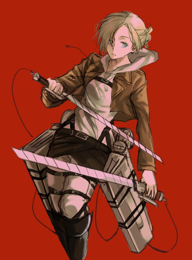 annie_leonhardt bad_id bad_pixiv_id belt blonde_hair blue_eyes boots cable dual_wielding expressionless holding jacket kanro_(3637_3637) paradis_military_uniform red_background shingeki_no_kyojin solo strap sword three-dimensional_maneuver_gear weapon