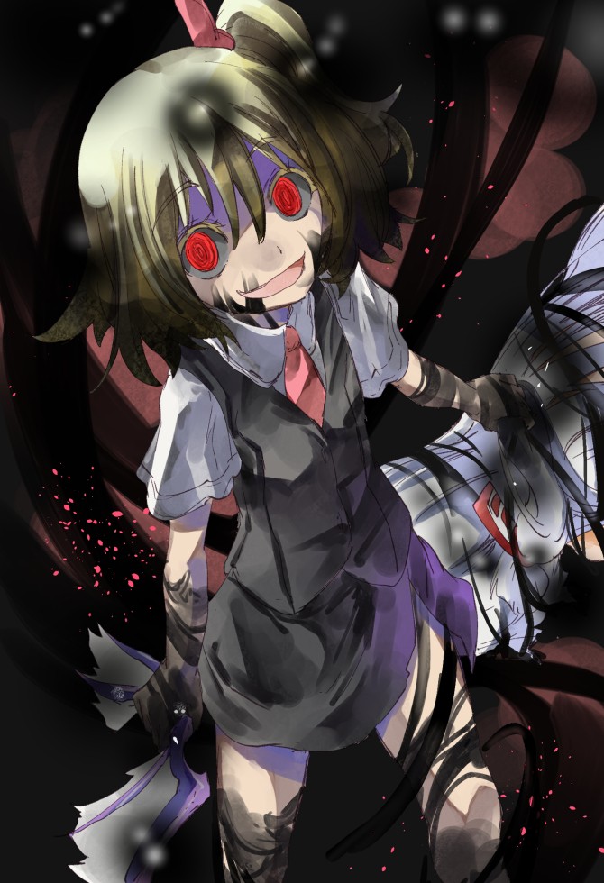 blonde_hair dress_shirt hair_ribbon looking_at_viewer necktie open_mouth red_eyes ribbon rumia shirt side_ponytail skirt skirt_set smile solo touhou yohane