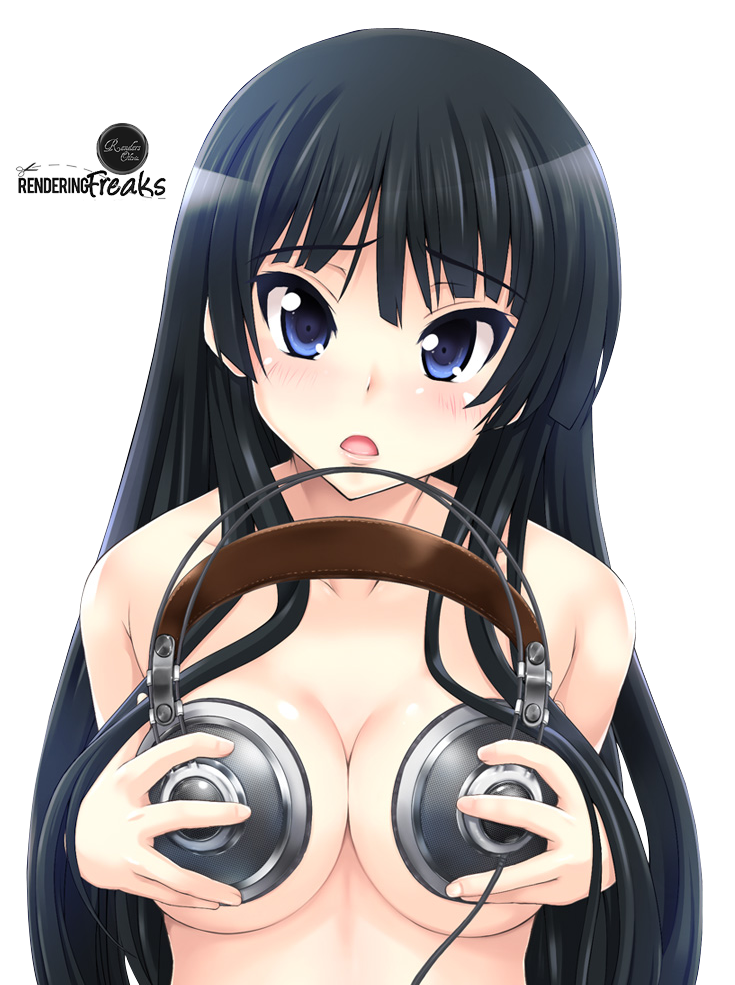 akg akiyama_mio asu_hare bangs black_hair blue_eyes blunt_bangs blush breasts cleavage covering covering_breasts hands headphones headphones_on_breasts hime_cut k-on! k701 large_breasts lips long_hair looking_at_viewer non-web_source nude open_mouth solo transparent_background upper_body