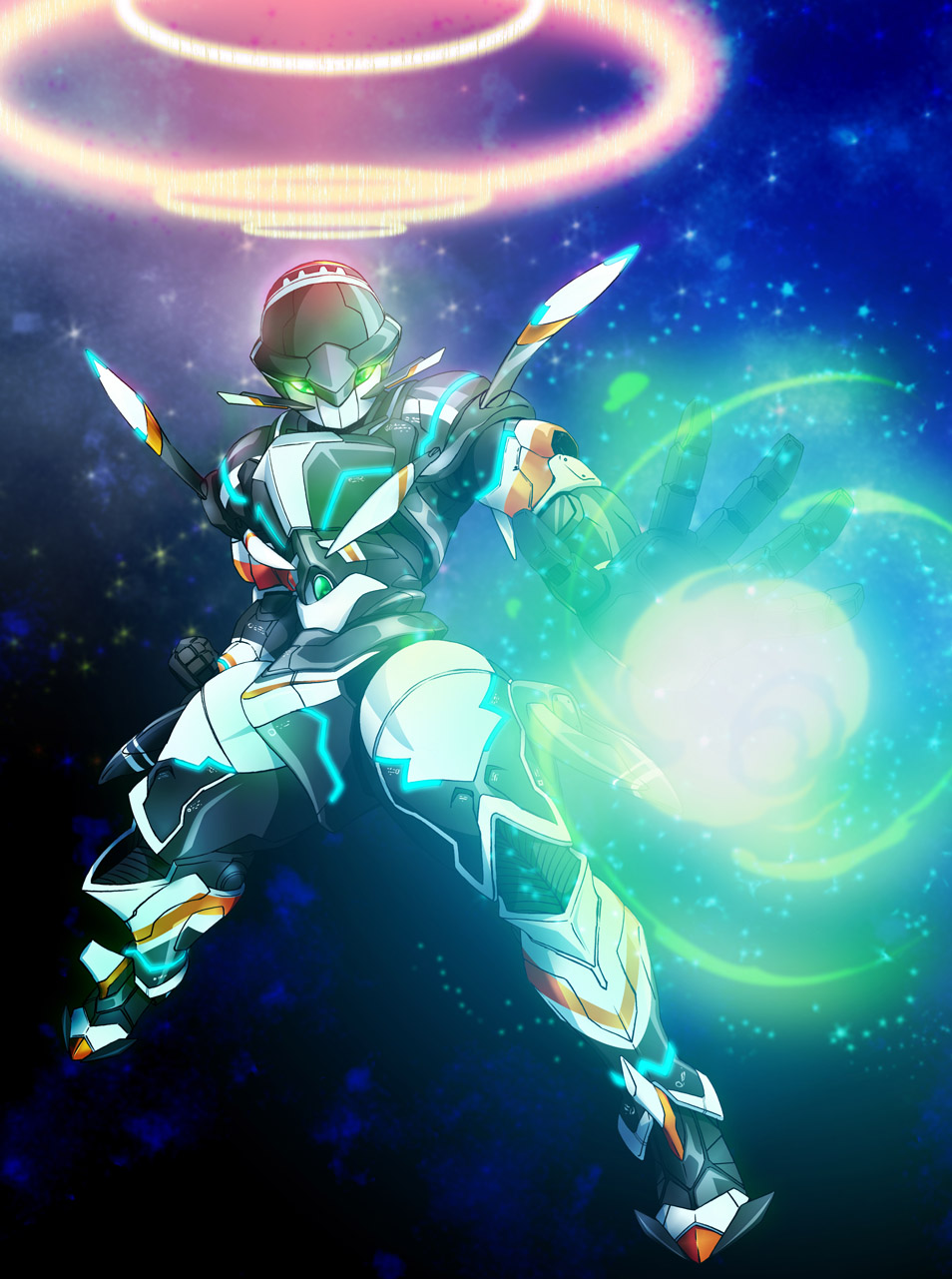 chamber_(suisei_no_gargantia) clenched_hand energy_blast energy_field glowing glowing_eyes green_eyes highres no_humans science_fiction solo suisei_no_gargantia